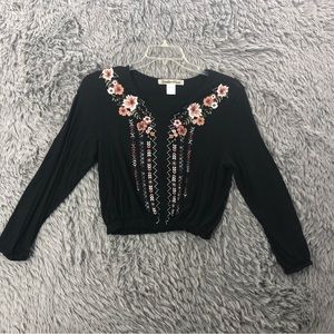 Youth in Revolt Shirt Top Womens Medium Southwestern Flowers Gathered Hem Black